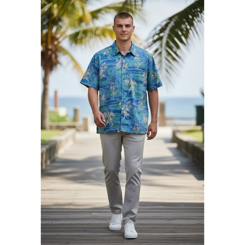 Tori Richard Vintage Honolulu Mens XL Blue Bamboo Cotton‎ Lawn Hawaiian Shirt